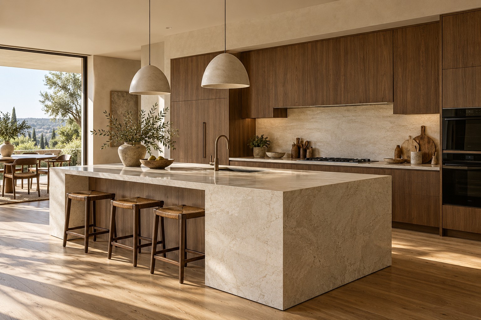 Propuesta conceptual de cocina contemporánea con isla de piedra y mobiliario de madera